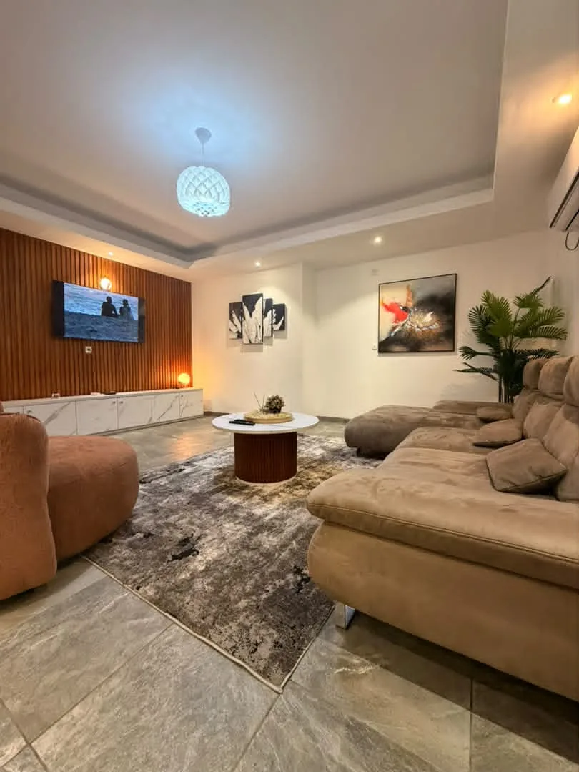 Salon côté meuble télé, mur en lattes de bois