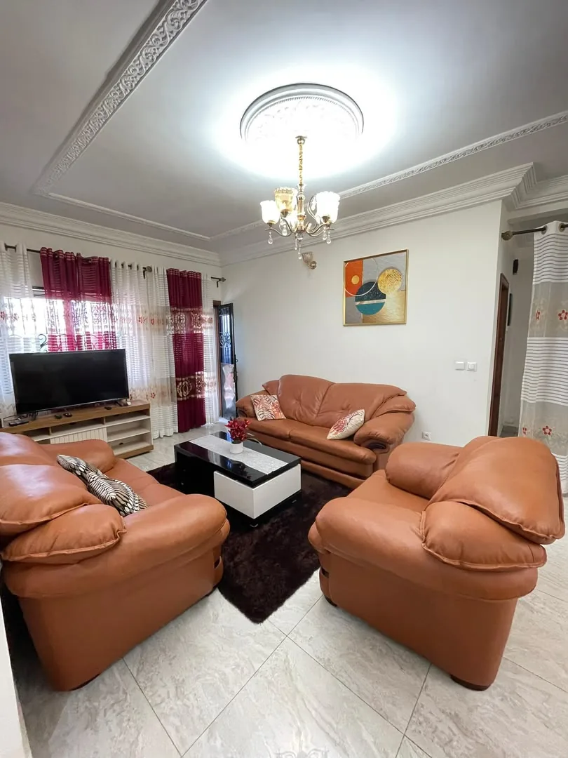 Salon avec fauteuils en cuir et télévision