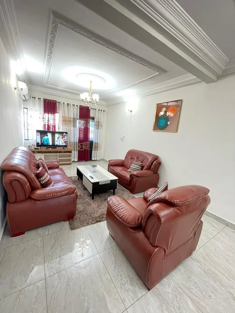 Salon avec fauteuils en cuir rouge