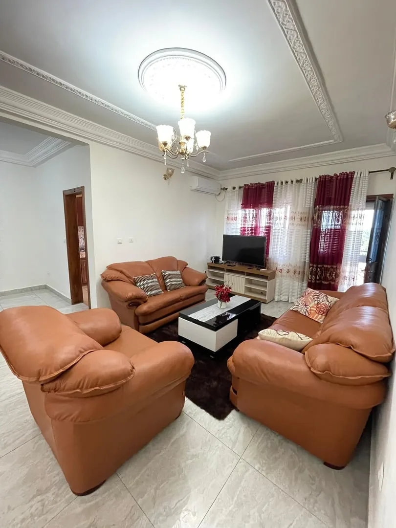 Salon avec fauteuils en cuir, vu depuis l'entrée
