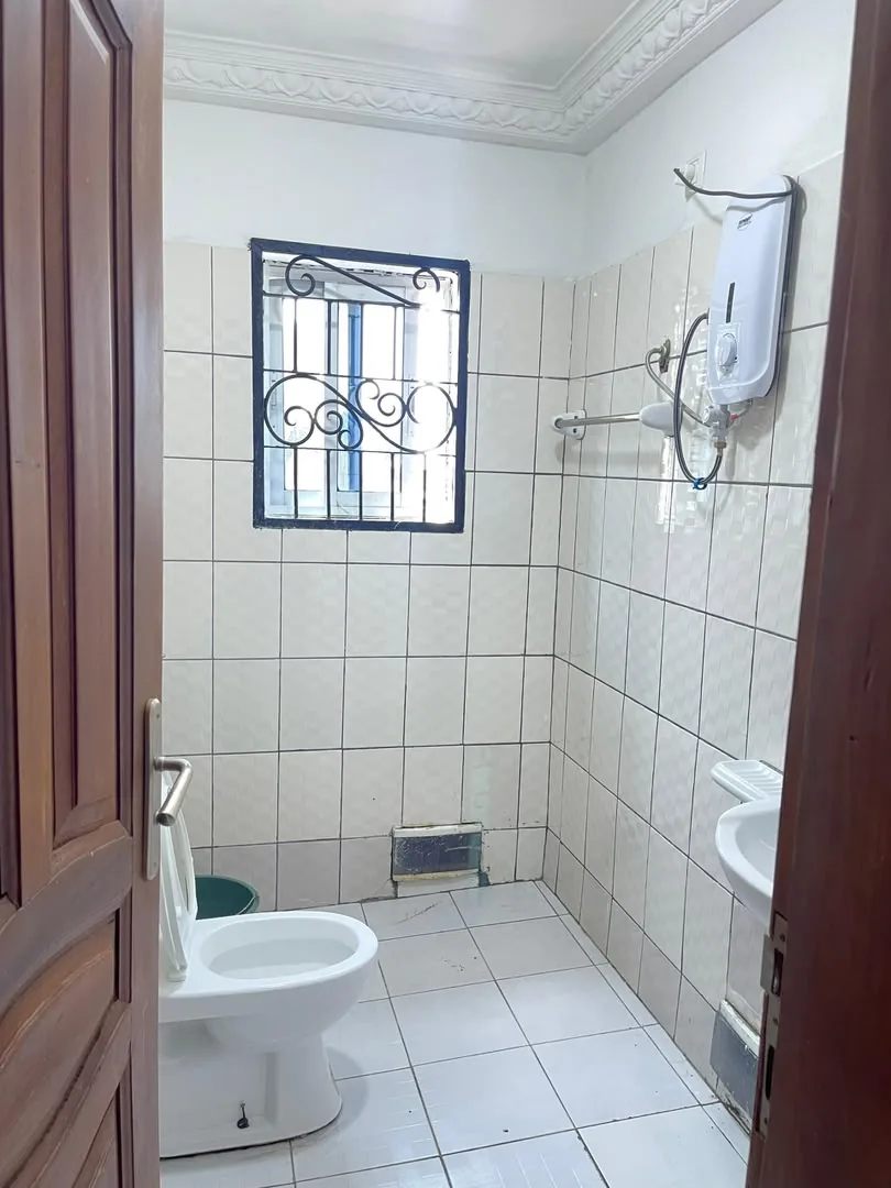 Salle d'eau avec WC et lavabo, vue depuis la porte