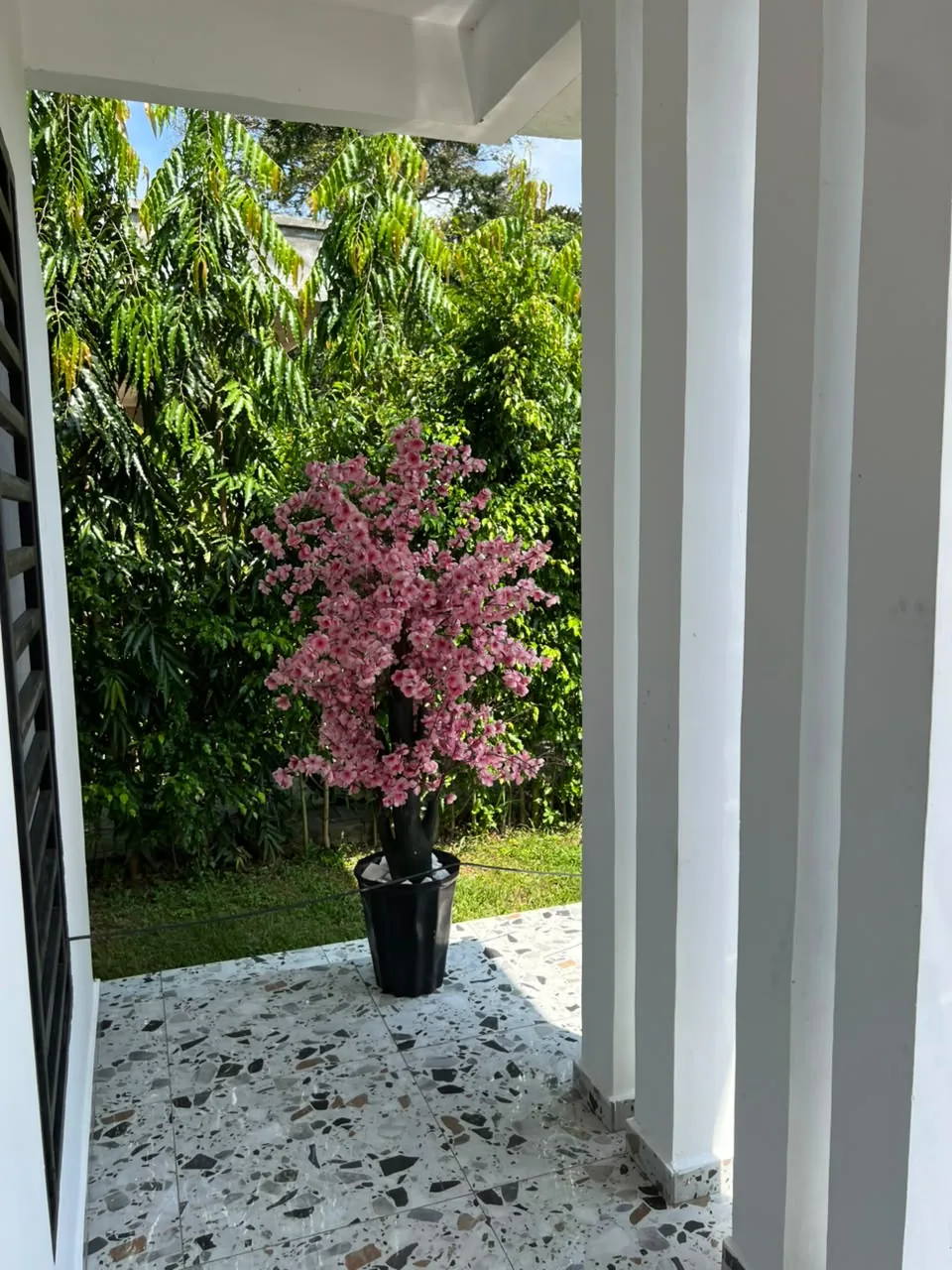 Véranda carrelée donnant sur le jardin