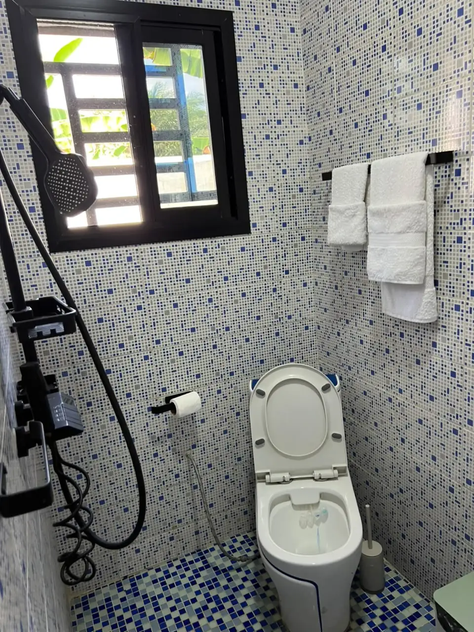 Salle d'eau en mosaïque avec douche et WC